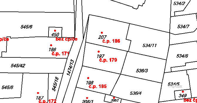 Tetín 179 na parcele st. 197 v KÚ Tetín u Berouna, Katastrální mapa