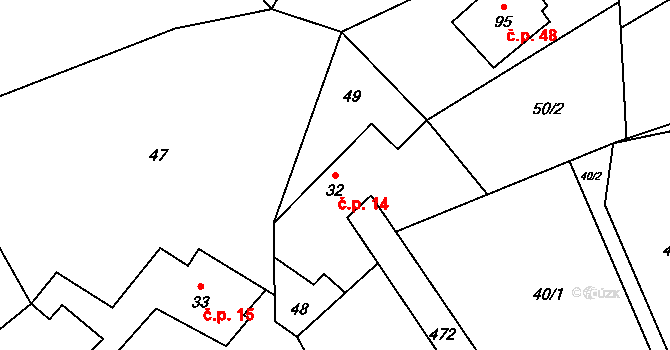 Brzánky 14 na parcele st. 32 v KÚ Brzánky, Katastrální mapa