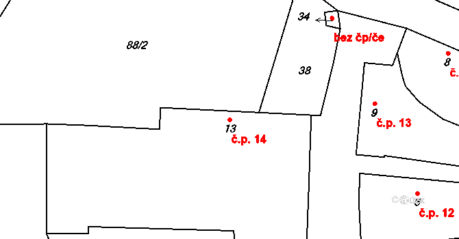 Debrník 14, Hlavatce na parcele st. 13 v KÚ Debrník, Katastrální mapa