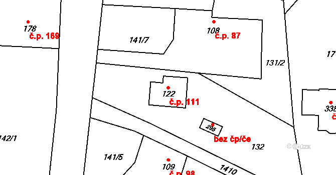 Horní Nová Ves 111, Lázně Bělohrad na parcele st. 122 v KÚ Horní Nová Ves, Katastrální mapa