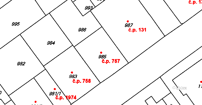 Černá Pole 757, Brno na parcele st. 985 v KÚ Černá Pole, Katastrální mapa