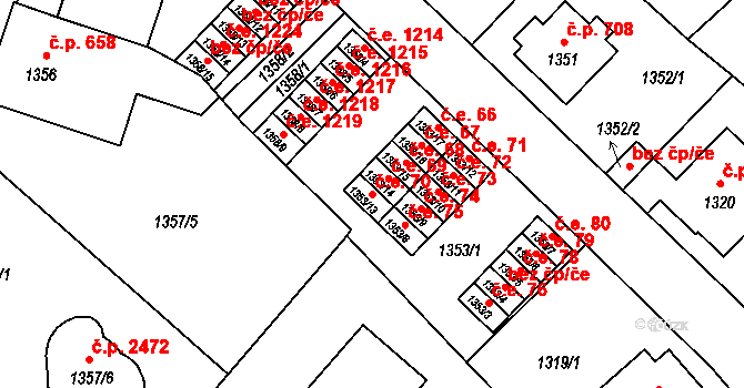 Pelhřimov 70 na parcele st. 1353/13 v KÚ Pelhřimov, Katastrální mapa