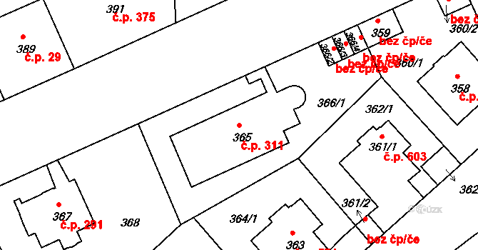 Podolí 311, Praha na parcele st. 365 v KÚ Podolí, Katastrální mapa