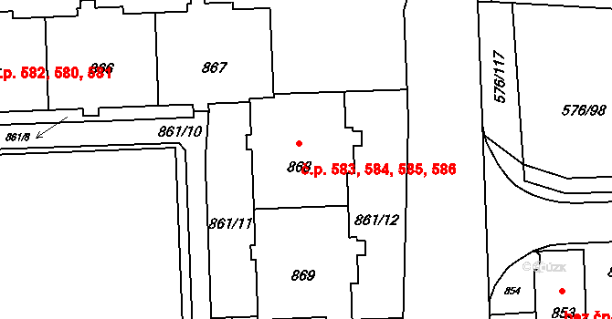 Háje 583,584,585,586, Praha na parcele st. 868 v KÚ Háje, Katastrální mapa
