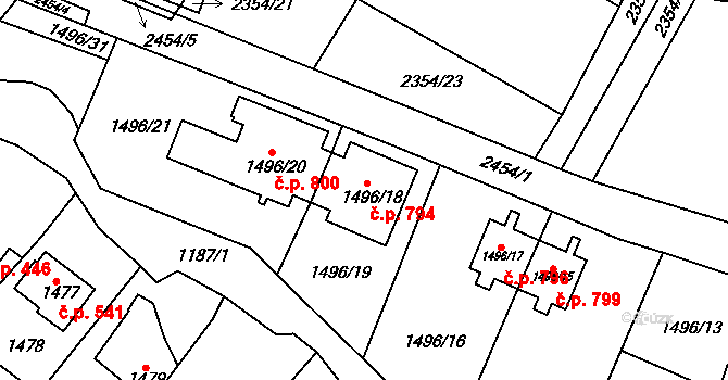 Kunratice 794, Praha 14 na parcele st. 1496/18 v KÚ Kunratice, Katastrální mapa