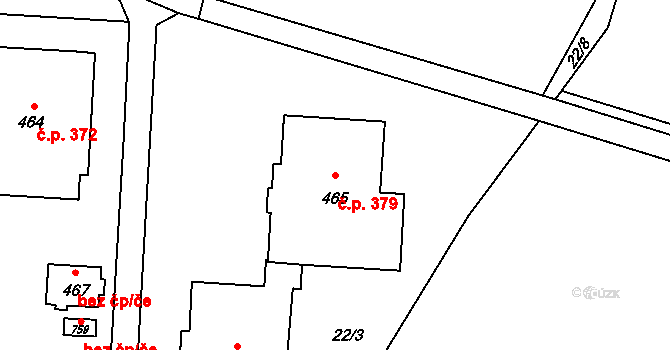Lazce 379, Olomouc na parcele st. 465 v KÚ Lazce, Katastrální mapa