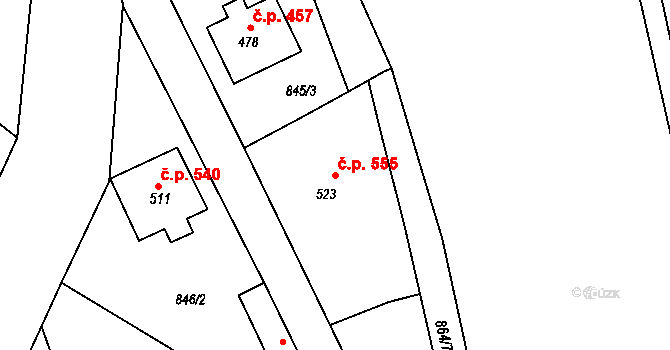 Chrastava 555 na parcele st. 523 v KÚ Chrastava I, Katastrální mapa