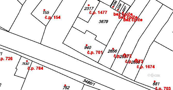 Rosice 701 na parcele st. 940 v KÚ Rosice u Brna, Katastrální mapa