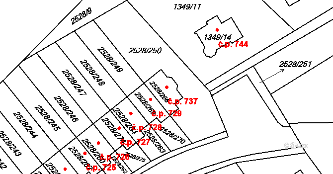 Jedovnice 737 na parcele st. 2528/266 v KÚ Jedovnice, Katastrální mapa