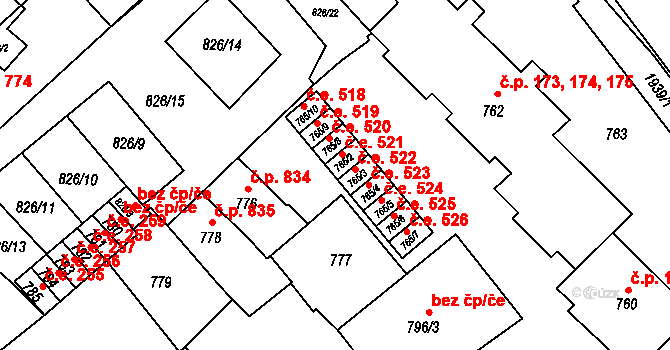 Bučovice 521 na parcele st. 765/2 v KÚ Bučovice, Katastrální mapa