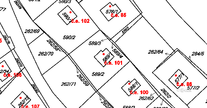Tušimice 101, Kadaň na parcele st. 589/1 v KÚ Tušimice, Katastrální mapa