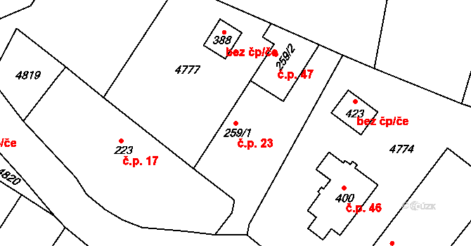 Buková Lhota 23, Benešov na parcele st. 259/1 v KÚ Úročnice, Katastrální mapa