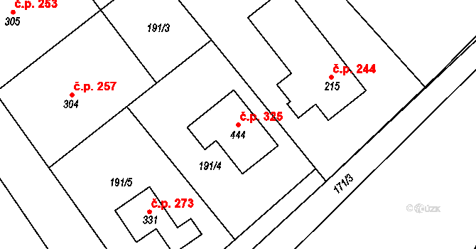 Rosice 325 na parcele st. 444 v KÚ Rosice u Chrasti, Katastrální mapa