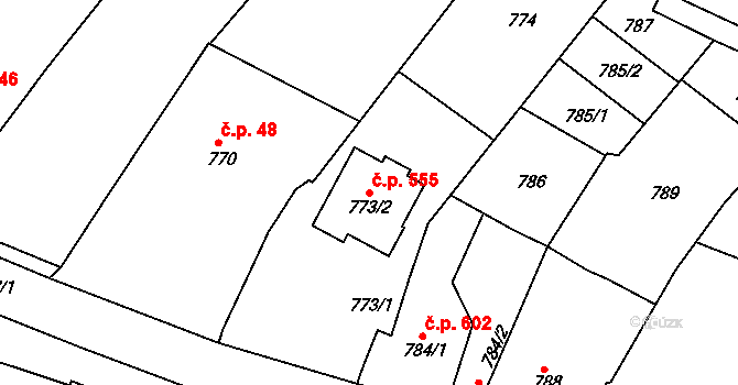 Želechovice nad Dřevnicí 555 na parcele st. 773/2 v KÚ Želechovice nad Dřevnicí, Katastrální mapa