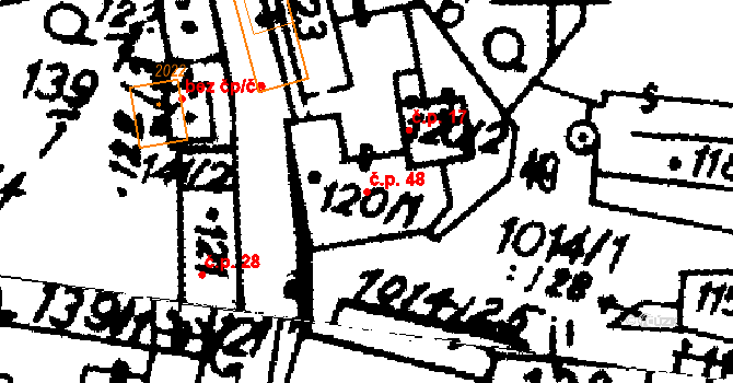 Hrochův Týnec 48 na parcele st. 120/1 v KÚ Hrochův Týnec, Katastrální mapa