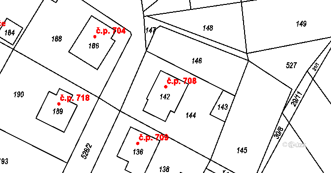 Libčice nad Vltavou 708 na parcele st. 142 v KÚ Chýnov, Katastrální mapa