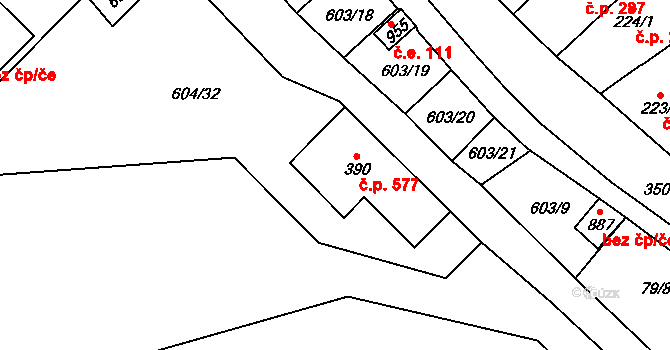 Lysice 577 na parcele st. 390 v KÚ Lysice, Katastrální mapa
