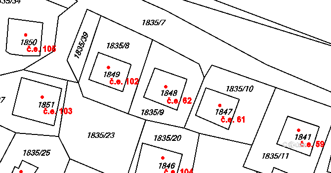 Jesenice 62 na parcele st. 1848 v KÚ Jesenice u Rakovníka, Katastrální mapa