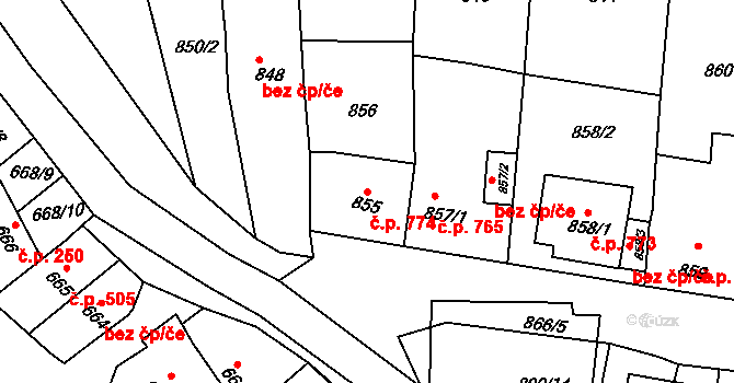 Klobouky u Brna 774 na parcele st. 855 v KÚ Klobouky u Brna, Katastrální mapa