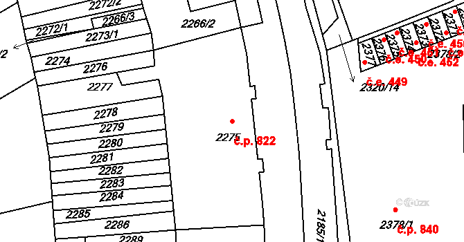 Hustopeče 822 na parcele st. 2275 v KÚ Hustopeče u Brna, Katastrální mapa
