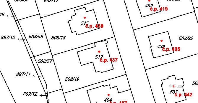 Libice nad Cidlinou 437 na parcele st. 512 v KÚ Libice nad Cidlinou, Katastrální mapa