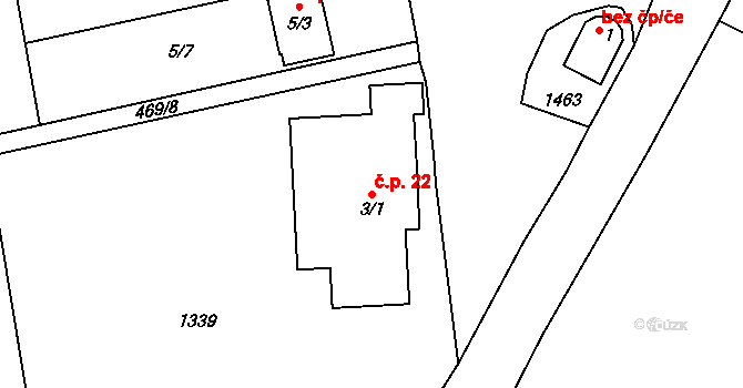 Hranice 22 na parcele st. 3/1 v KÚ Hranice u Nových Hradů, Katastrální mapa