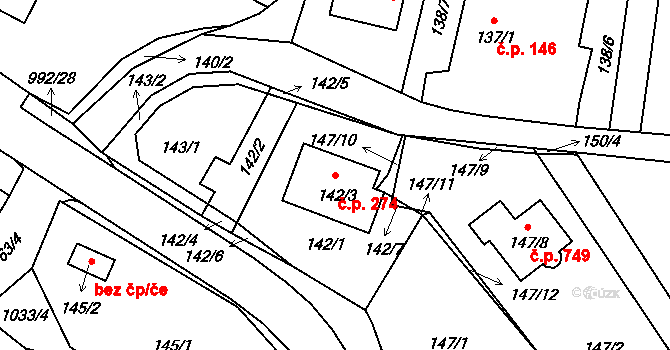 Srubec 274 na parcele st. 142/3 v KÚ Srubec, Katastrální mapa