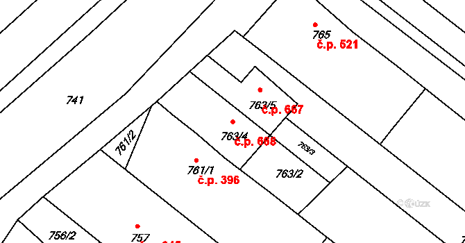 Veverská Bítýška 668 na parcele st. 763/4 v KÚ Veverská Bítýška, Katastrální mapa
