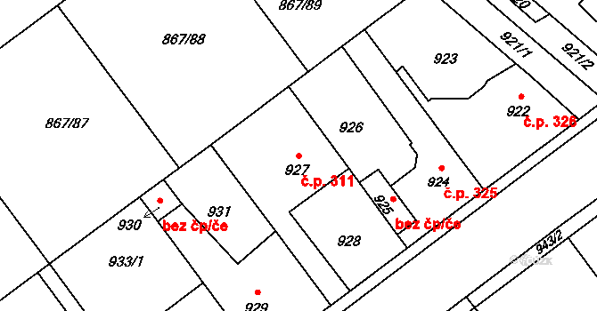 Hřebeč 311 na parcele st. 927 v KÚ Hřebeč, Katastrální mapa