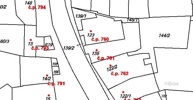 Loučany 761 na parcele st. 135 v KÚ Loučany na Hané, Katastrální mapa