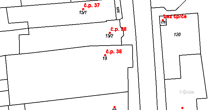 Moravská Huzová 38, Štěpánov na parcele st. 18 v KÚ Moravská Huzová, Katastrální mapa