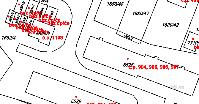 Nové Dvory 904,905,906,907, Třebíč na parcele st. 5525 v KÚ Třebíč, Katastrální mapa