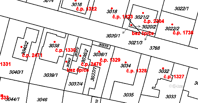 Horní Počernice 1329, Praha na parcele st. 3036/1 v KÚ Horní Počernice, Katastrální mapa