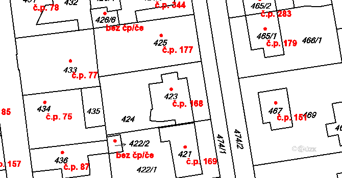 Šeberov 168, Praha na parcele st. 423 v KÚ Šeberov, Katastrální mapa