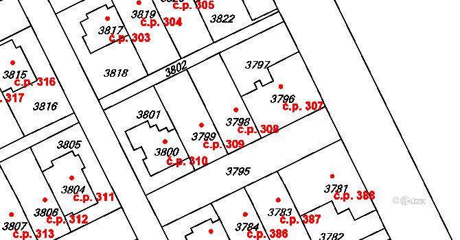 Záběhlice 308, Praha na parcele st. 3798 v KÚ Záběhlice, Katastrální mapa