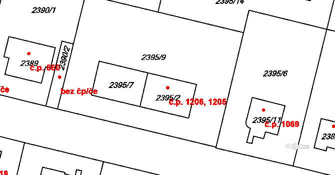 Braník 1205,1206, Praha na parcele st. 2395/2 v KÚ Braník, Katastrální mapa