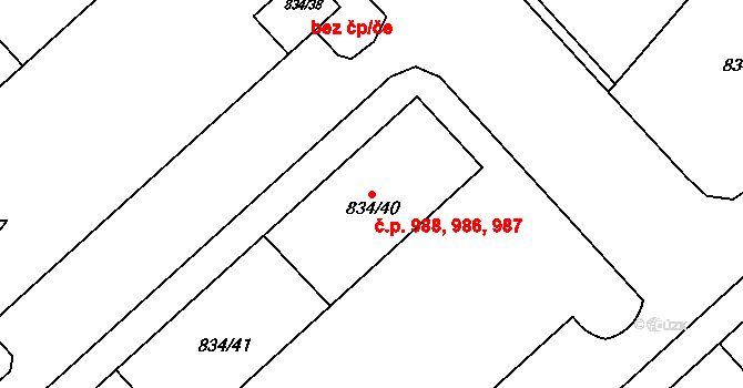 Doubravka 986,987,988, Plzeň na parcele st. 834/40 v KÚ Doubravka, Katastrální mapa