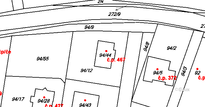 Zruč 467, Zruč-Senec na parcele st. 94/44 v KÚ Zruč, Katastrální mapa