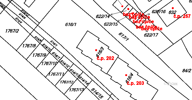 Zbýšov 202 na parcele st. 616/3 v KÚ Zbýšov, Katastrální mapa