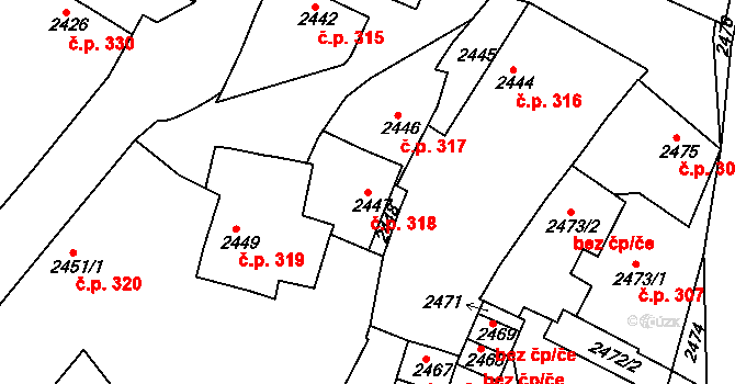 Jemnice 318 na parcele st. 2447 v KÚ Jemnice, Katastrální mapa