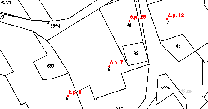 Rovné 7, Bystřice nad Pernštejnem na parcele st. 8 v KÚ Rovné, Katastrální mapa