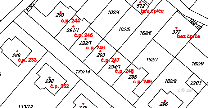 Bohdalov 247 na parcele st. 293 v KÚ Bohdalov, Katastrální mapa