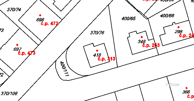 Prštné 313, Zlín na parcele st. 418 v KÚ Prštné, Katastrální mapa