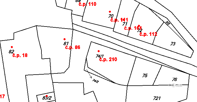 Kobeřice u Brna 210 na parcele st. 74/1 v KÚ Kobeřice u Brna, Katastrální mapa