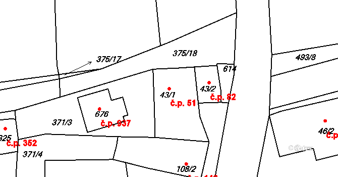 Rudná 51 na parcele st. 43/1 v KÚ Dušníky u Rudné, Katastrální mapa