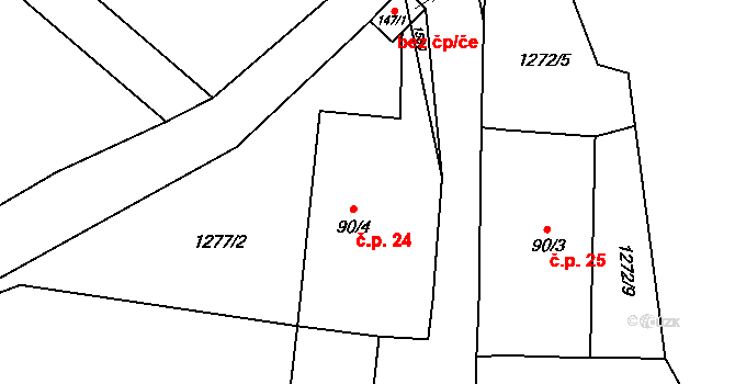 Hroby 24, Radenín na parcele st. 90/4 v KÚ Hroby, Katastrální mapa