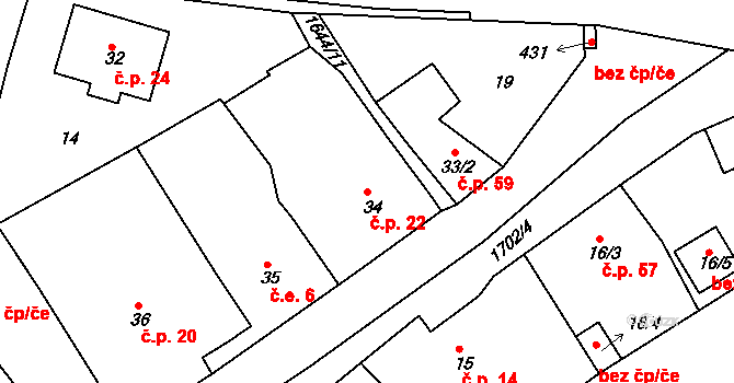 Trhanov 22 na parcele st. 34 v KÚ Trhanov, Katastrální mapa