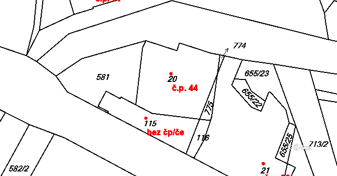 Komárov 44, Dolní Roveň na parcele st. 20 v KÚ Komárov u Holic, Katastrální mapa