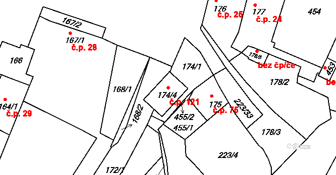 Polerady 121 na parcele st. 174/4 v KÚ Polerady, Katastrální mapa