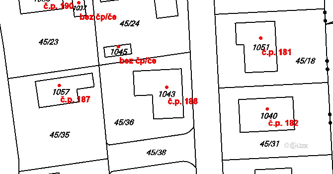 Popkovice 188, Pardubice na parcele st. 1043 v KÚ Popkovice, Katastrální mapa